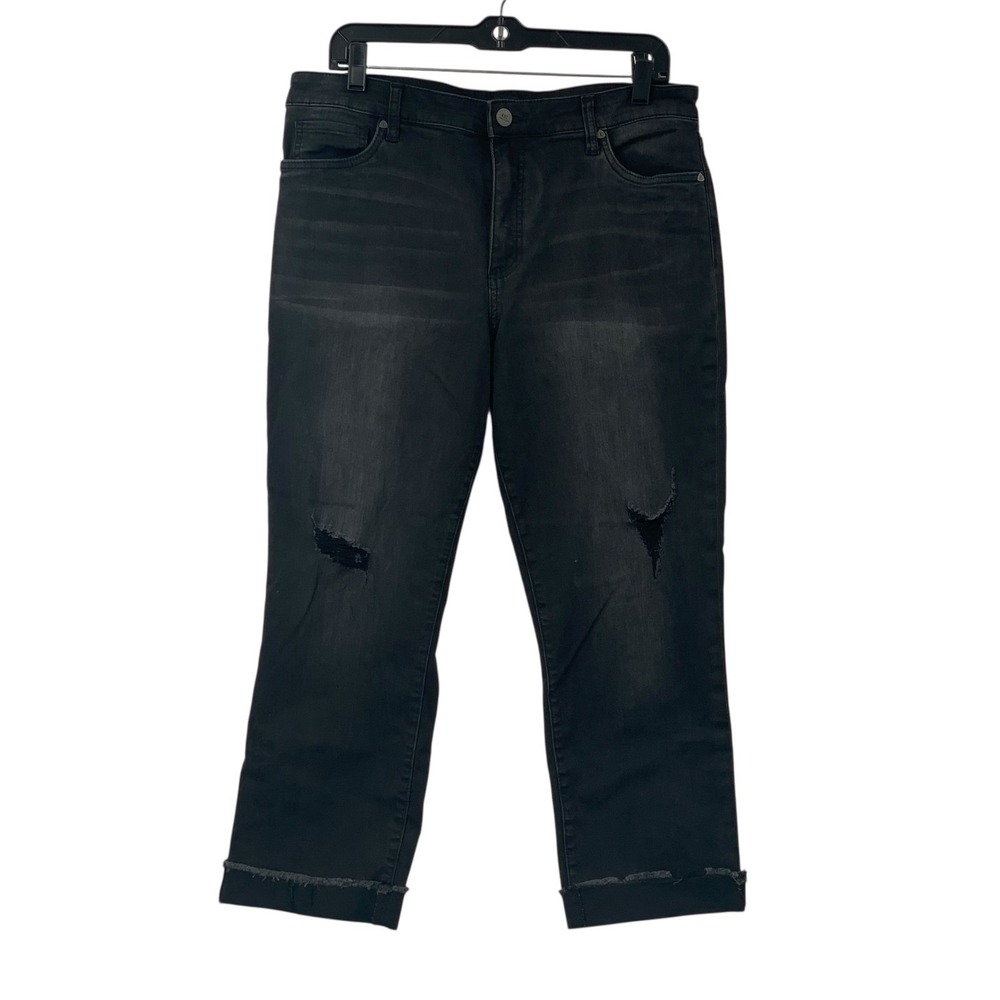 Kut From The Kloth Jeans High Rise Fab Ab Crop Straight Leg Black Distress Sz 14